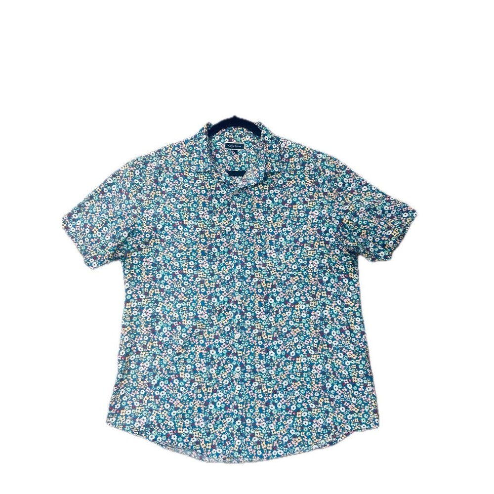 Club Room Teal Blue Floral Short-Sleeve Button-Down Shirt Size L